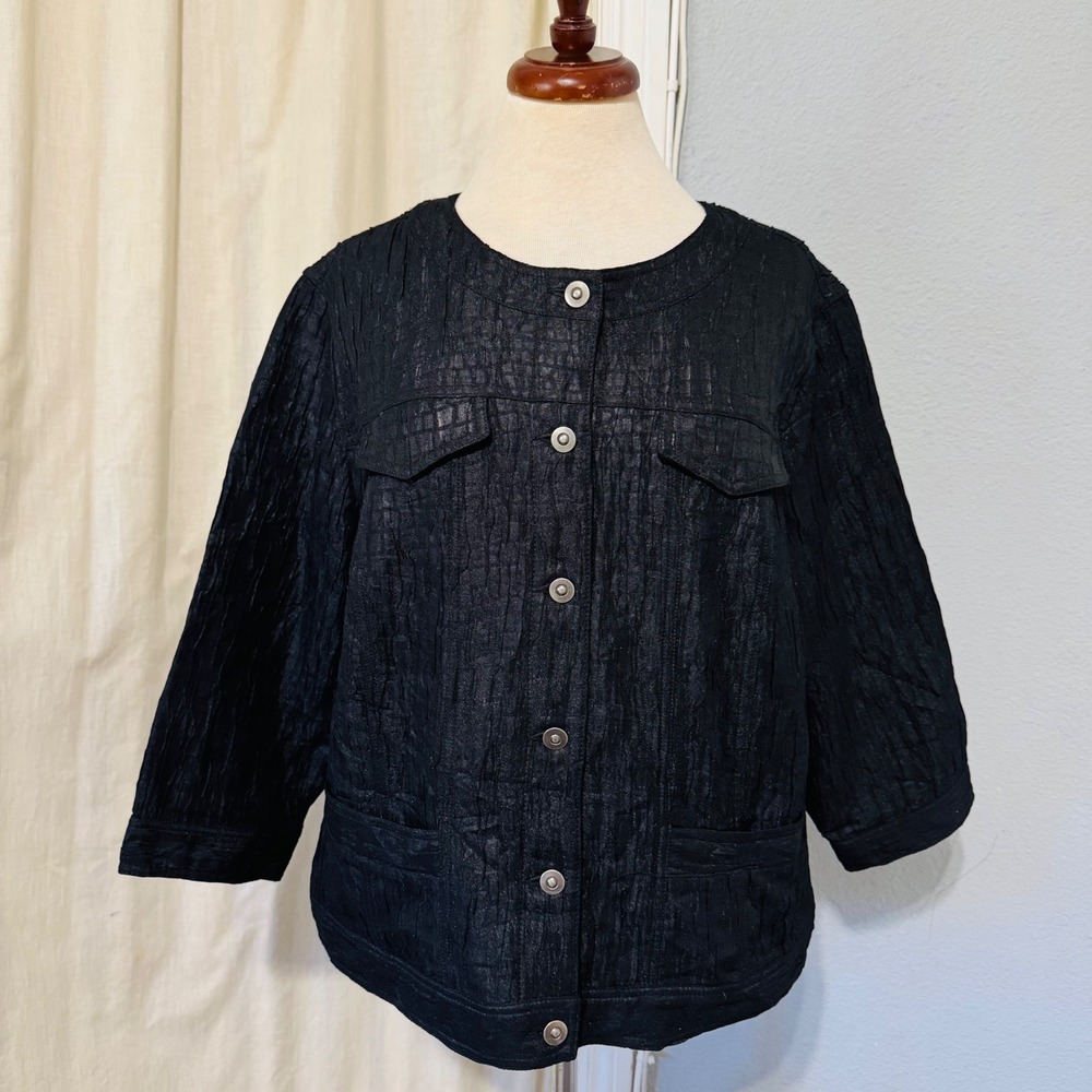 Ruby Rd Woman Black Textured Cropped Jacket‎ 16W 3/4 Sleeve Button Front Pockets